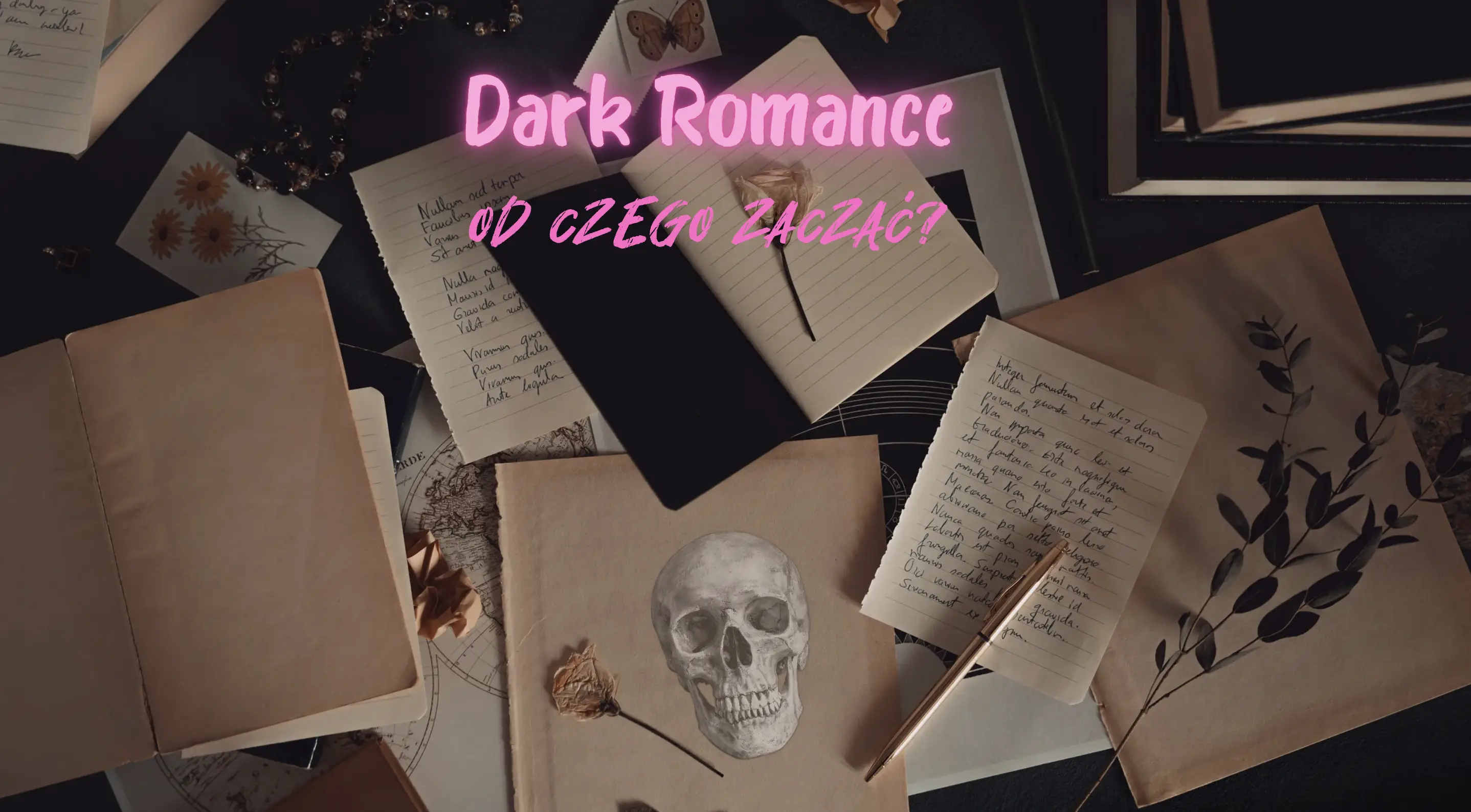Symboliczna kompozycja książkowa w ciemnej palecie z czerwonym akcentem, ilustrująca temat dark romance