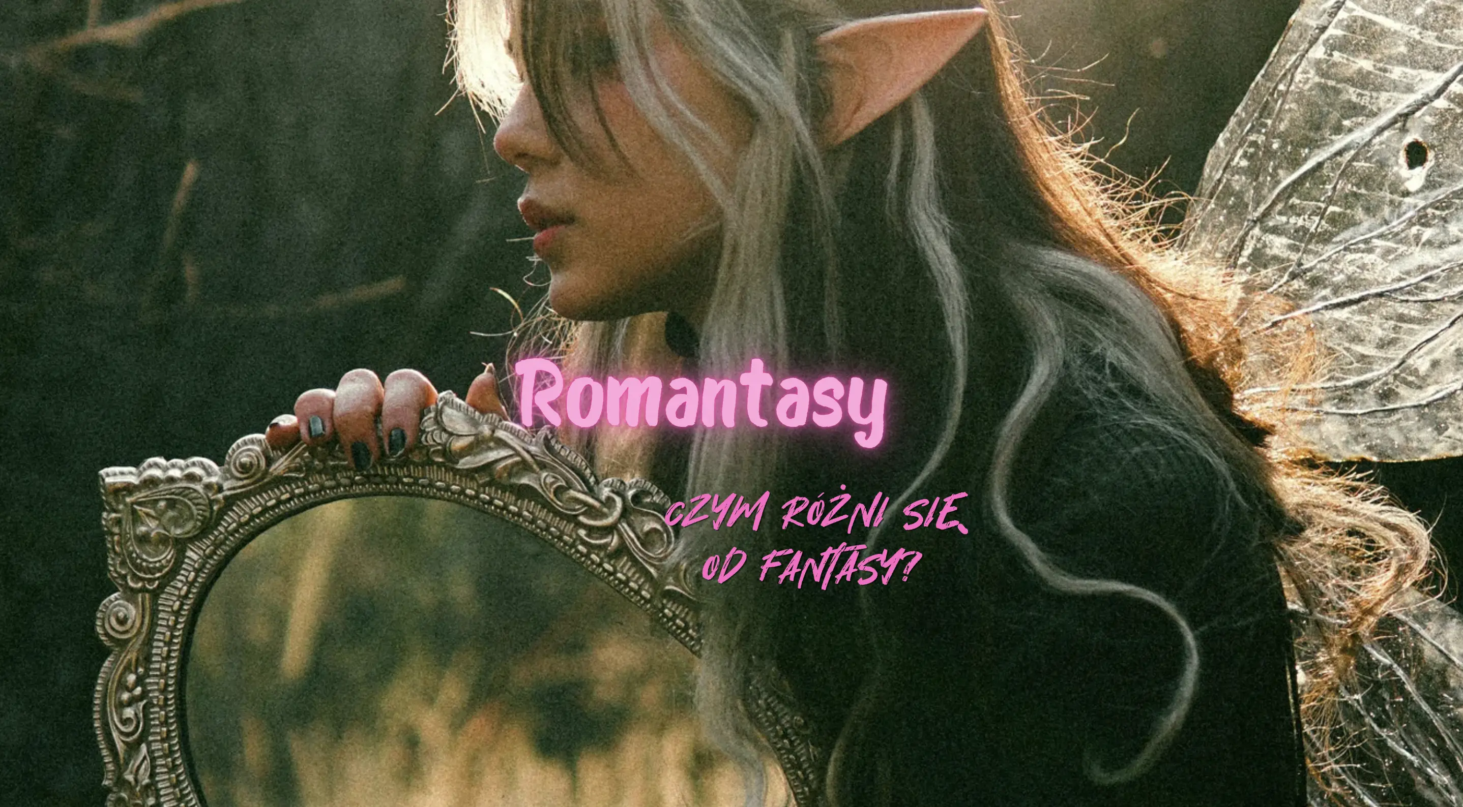 Otwarta książka z subtelnym krajobrazem fantasy i czerwonym akcentem, ilustrująca połączenie fantasy oraz romansu
